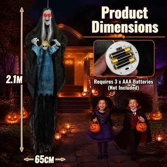 KOMFOTTEU Halloween Deko - 210 cm Hängehexe mit Licht & gruselig Sound - Hängedeko mit Geräuscherkennung - Gruselfigur mit beweglichen Armen - Outdoor Geist für Spukhaus & Garten