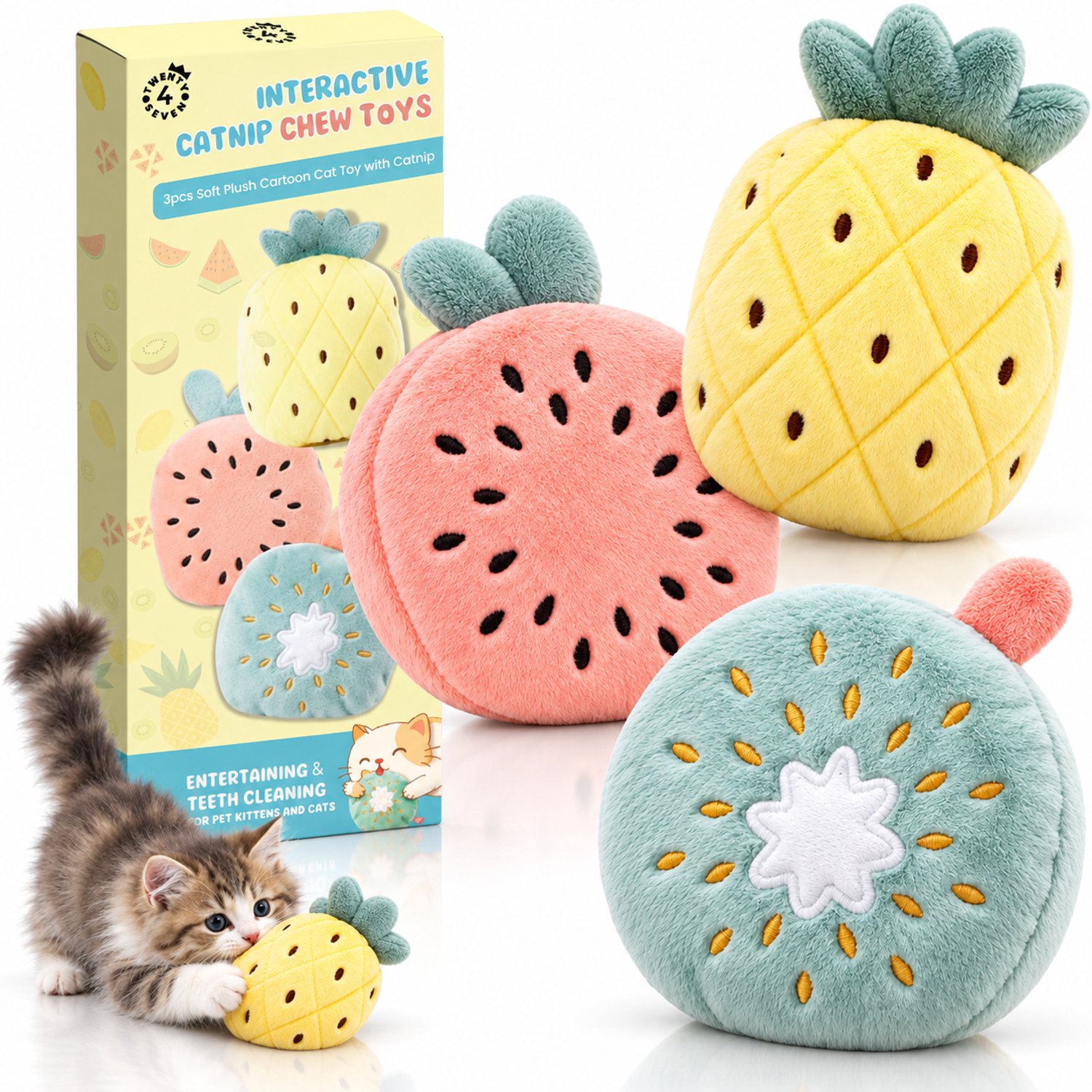 Twenty4seven® Kattenspeelgoed Fruit Set 3 Stuks - Kattenspeeltjes met Catnip en Kattenkruid - Interactief Speelgoed voor Katten en Kittens - Cadeau voor je Kat