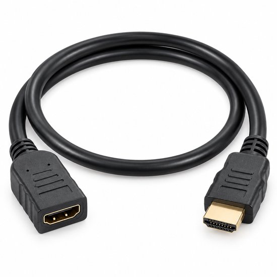 Câble rallonge HDMI noir de 30 cm avec connecteurs plaqués or sur fond blanc.