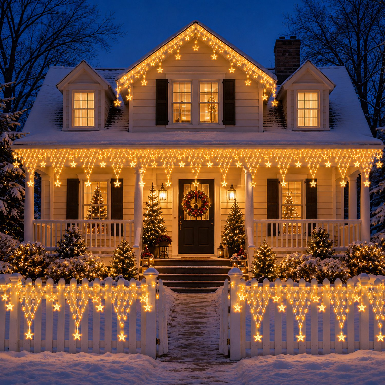 Lapamax Kerstverlichting Lichtgordijn met Hangende Sterren - Driehoekige Netverlichting 4 x 0,6 m met 162 LEDs en 5 Lichtpanelen - 8 Lichtstanden, IP44 - EU Stekker - Warm Wit - Kerstdecoratie
