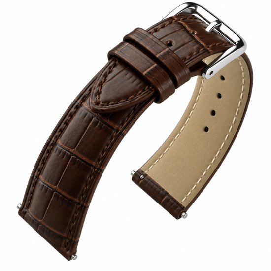 Bruine lederen horlogeband met krokodillenmotief, beige voering en een zilverkleurige gesp.