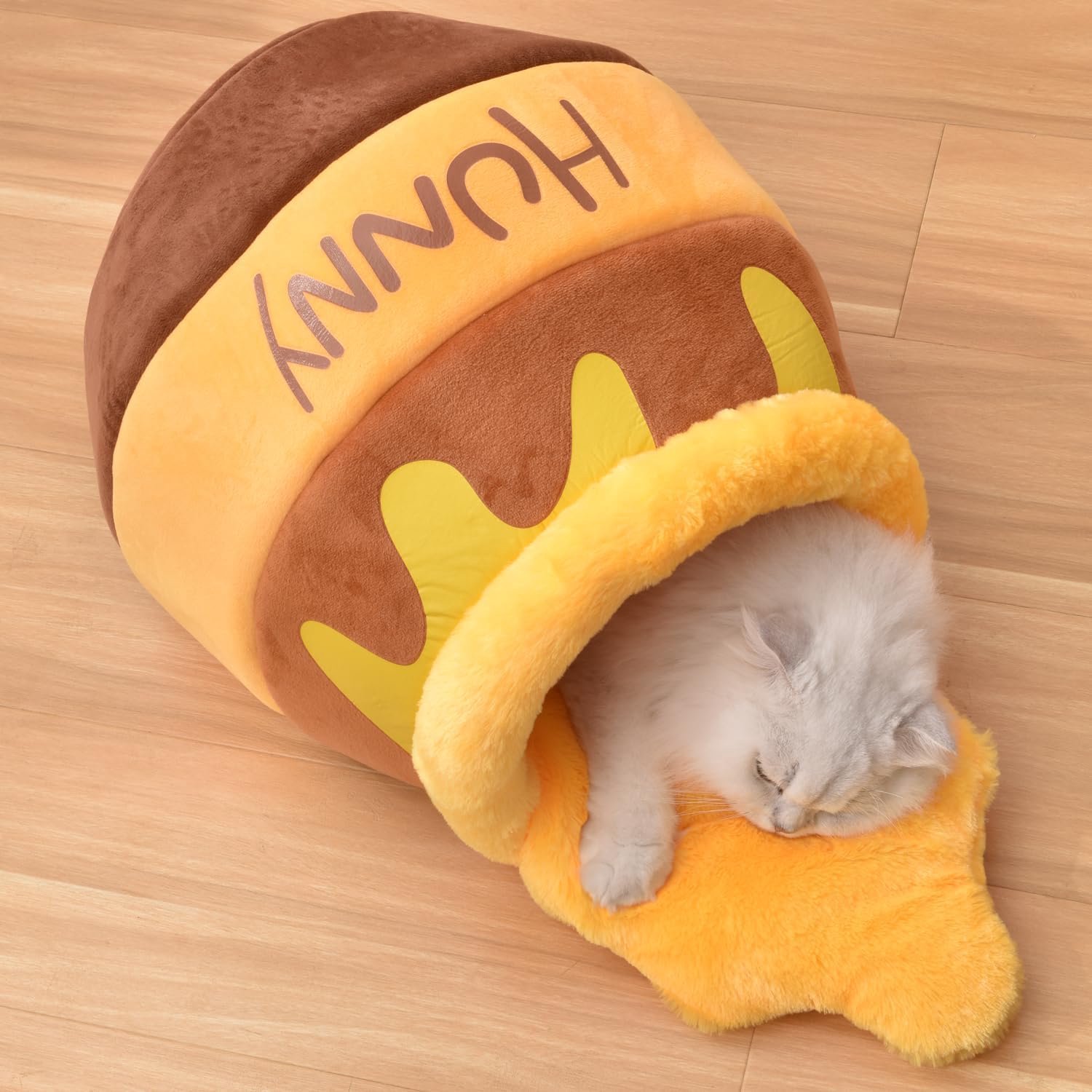 YAGXIG Warm Kattenbed – Huisdierbed – Winterkattenhuis – Honingpotdesign – Schattig Kattenbed – Uitneembaar en Wasbaar Matras – Geel (Geschikt voor katten met een gewicht van minder dan 7 kg en honden met een gewicht van minder dan 5,5 kg)