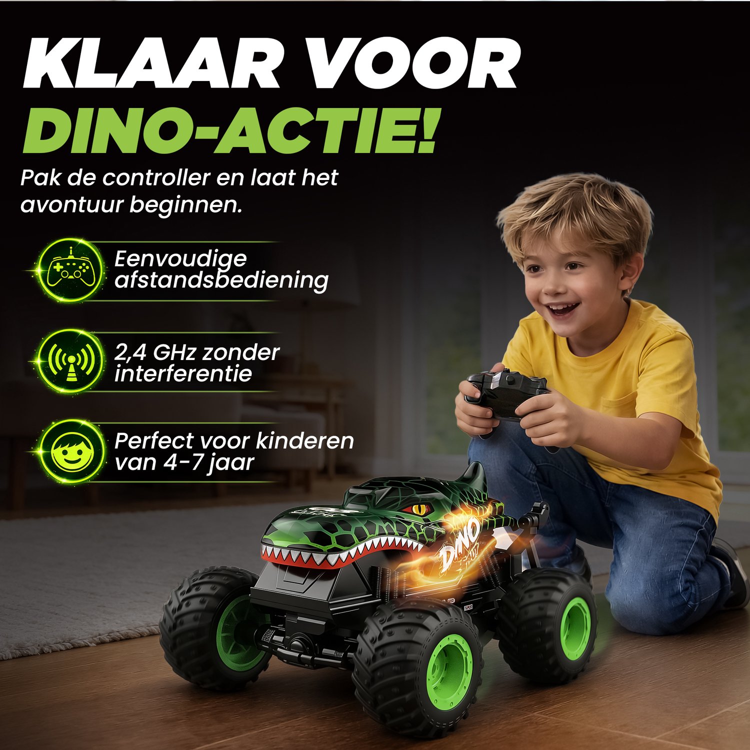 Strolox® Dinosaurus bestuurbare auto – RC stuntauto voor Jongens – afstandsbestuurbare Monster Truck met LED & Geluid – Offroad 4WD – Voor Binnen & Buiten — afbeelding 2