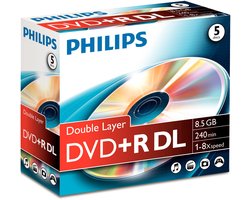 Philips DVD+R - 8,5GB - Dubbellaags - Speed 8x - Jewelcase - 5 stuks