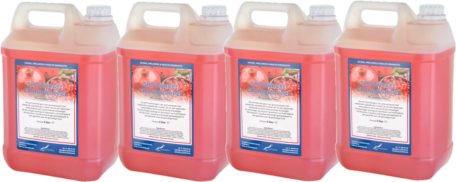 Claudius Douchegel Granaatappel 5 liter - set van 4 stuks - showergel - navulling - voordeelverpakking