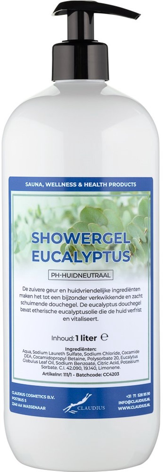 Claudius Douchegel Eucalyptus 1 liter met gratis zwarte pomp - showergel - navulling - voordeelverpakking