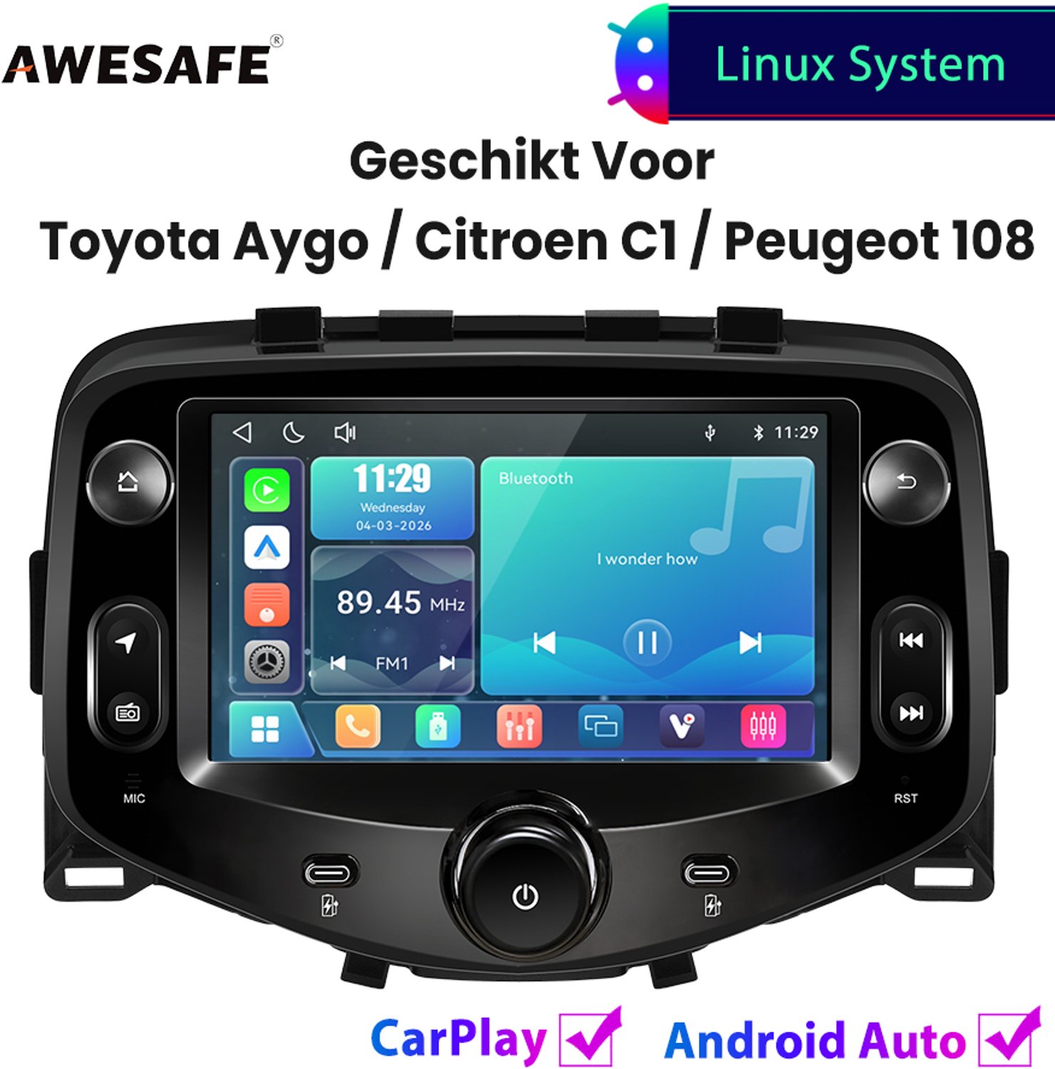 Awesafe Autoradio - Geschikt Voor Toyota Aygo Citroen C1 PEUGEOT 108 2015 t/m 2021 - Draadloos Carplay Android Auto - Linux systeem - 7 Inch Touchscreen - FM Radio Bluetooth EQ SWC Wifi Airplay - 2015 2016 2017 2018 2019 2020 2021