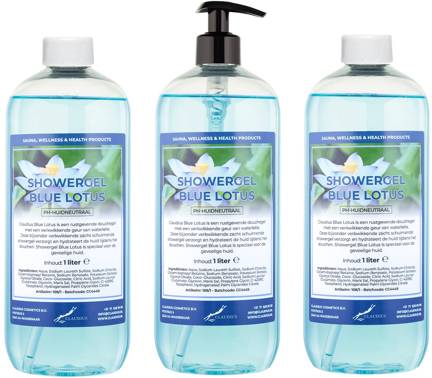 Claudius Douchegel Blue Lotus 1 liter - set van 3 stuks - met gratis zwarte pomp - navulling - voordeelverpakking