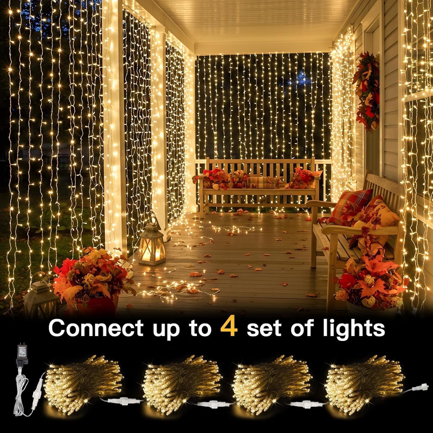 1 stuk-lamp gordijn-6m x 3m 600LED lamp string gordijn-8 patronen kerst verlichting voeding-waterdicht-raam lamp string-geschikt voor de muur kamer balkon buiten interieur-kerst decoratie (warm wit) – foto 6