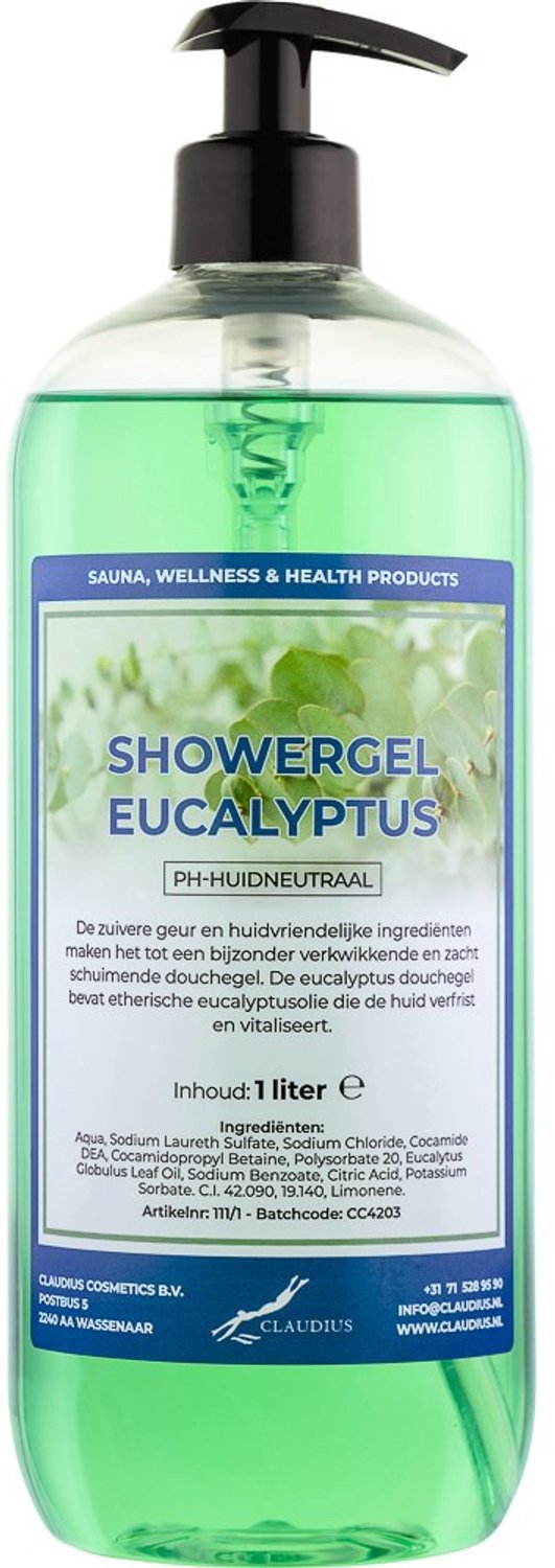 Claudius Douchegel Eucalyptus 1 liter met gratis zwarte pomp - showergel - navulling - voordeelverpakking