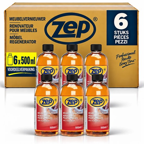 Voordeelverpakking met zes flessen Zep meubelvernieuwer van 500ml per stuk voor glanzend hout.