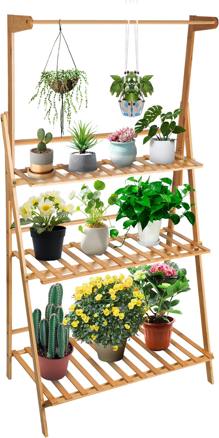 PIPIPOXER Plantenrek - Plantenladder - Plantenstandaard - Bamboe - Opvouwbaar - Bloementrap - 3 Tier Plantentrap - 70 x 40 x 141 cm