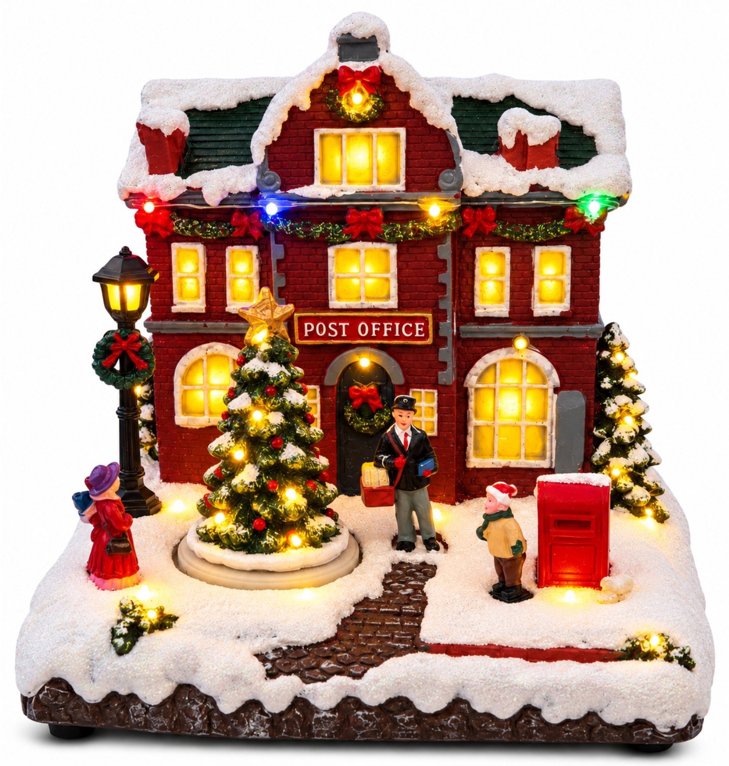WEB2O - Verlicht kerstdorp met postkantoor en bewegende kerstboom – Besneeuwde miniatuurdecoratie met ledverlichting 21 x 17,5 x 20,5 cm