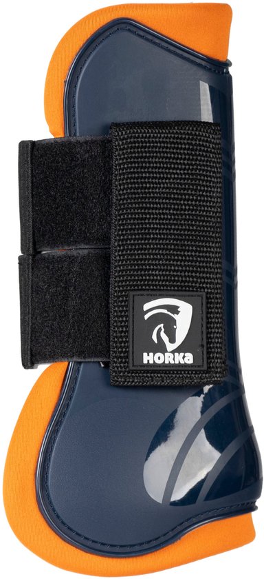 Donkerblauwe Horka peesbeschermer met oranje voering en zwarte klittenbandsluitingen.