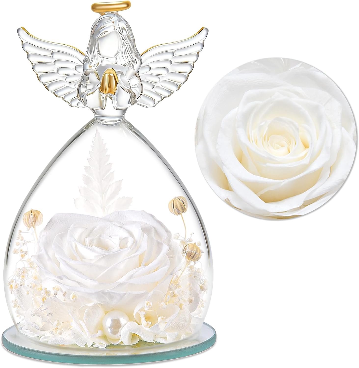 Eeuwige roos - met engelbeeldje - gestabiliseerde bloem - symbolisch cadeau voor dames - Vemera