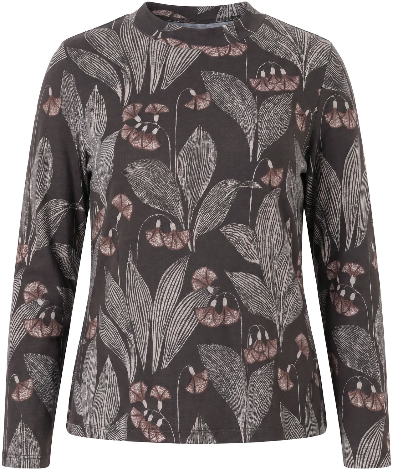 Ulla Popken - Dames - Sweatshirt jacquard opstaande kraag lange mouwen - Zwartbruin - Maat 46+