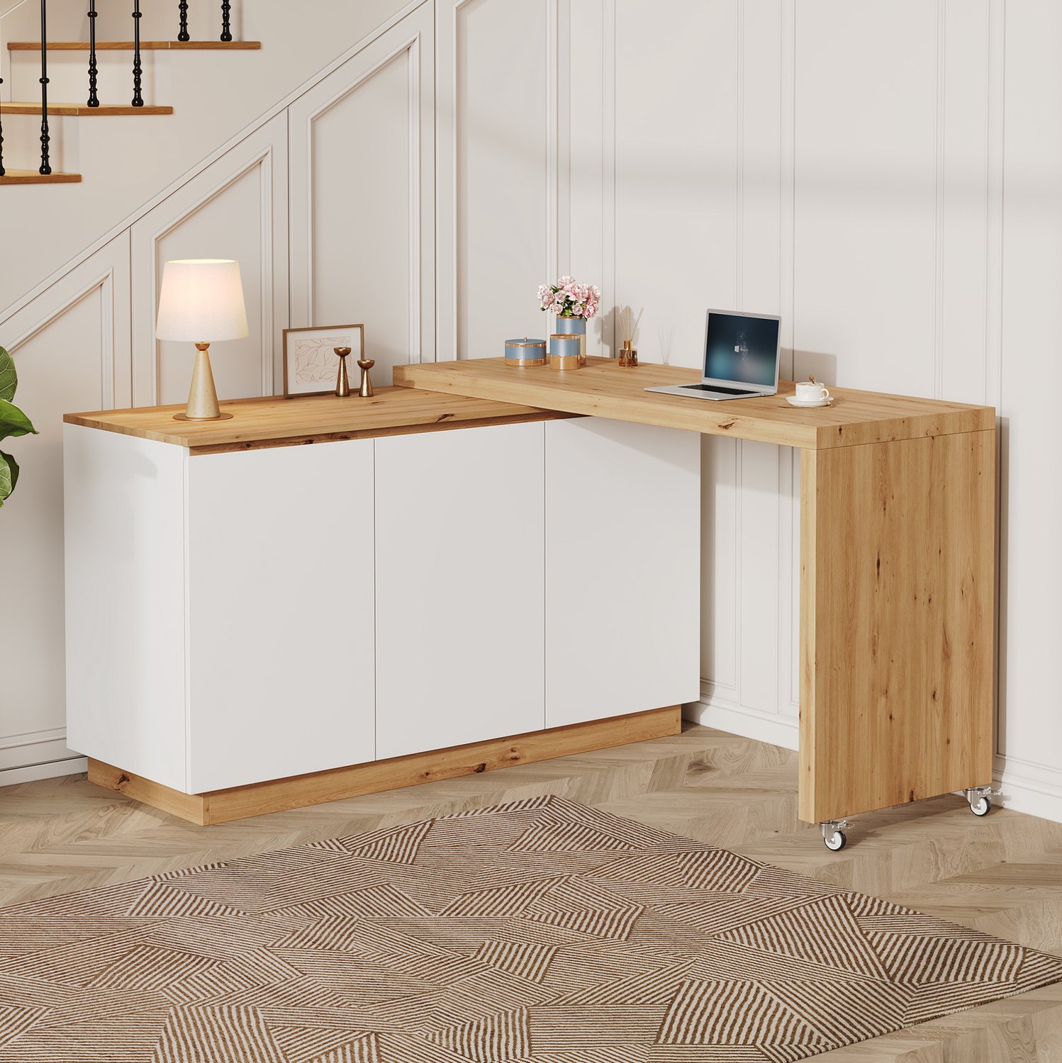 OKWISH Bureau – Draaibaar Met Verrijdbaar Opbergkastje – Flexibel Hoekbureau Voor Thuiswerkplek – Wit Eikenkleur – 124 x 45 x 82 cm Wit en eikenkleurig