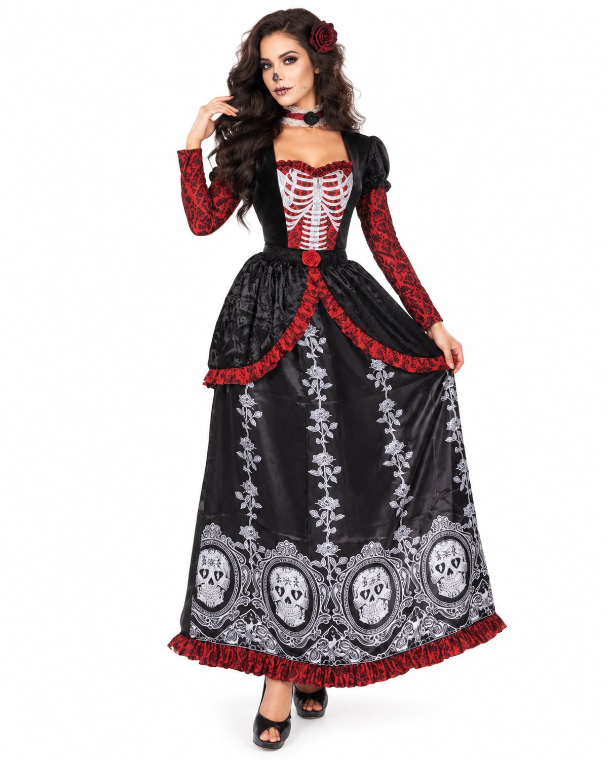 Halloween Jurk Dames – Gothic Skelet Kostuum – Day of the Dead – Zwart/Rood - M-L