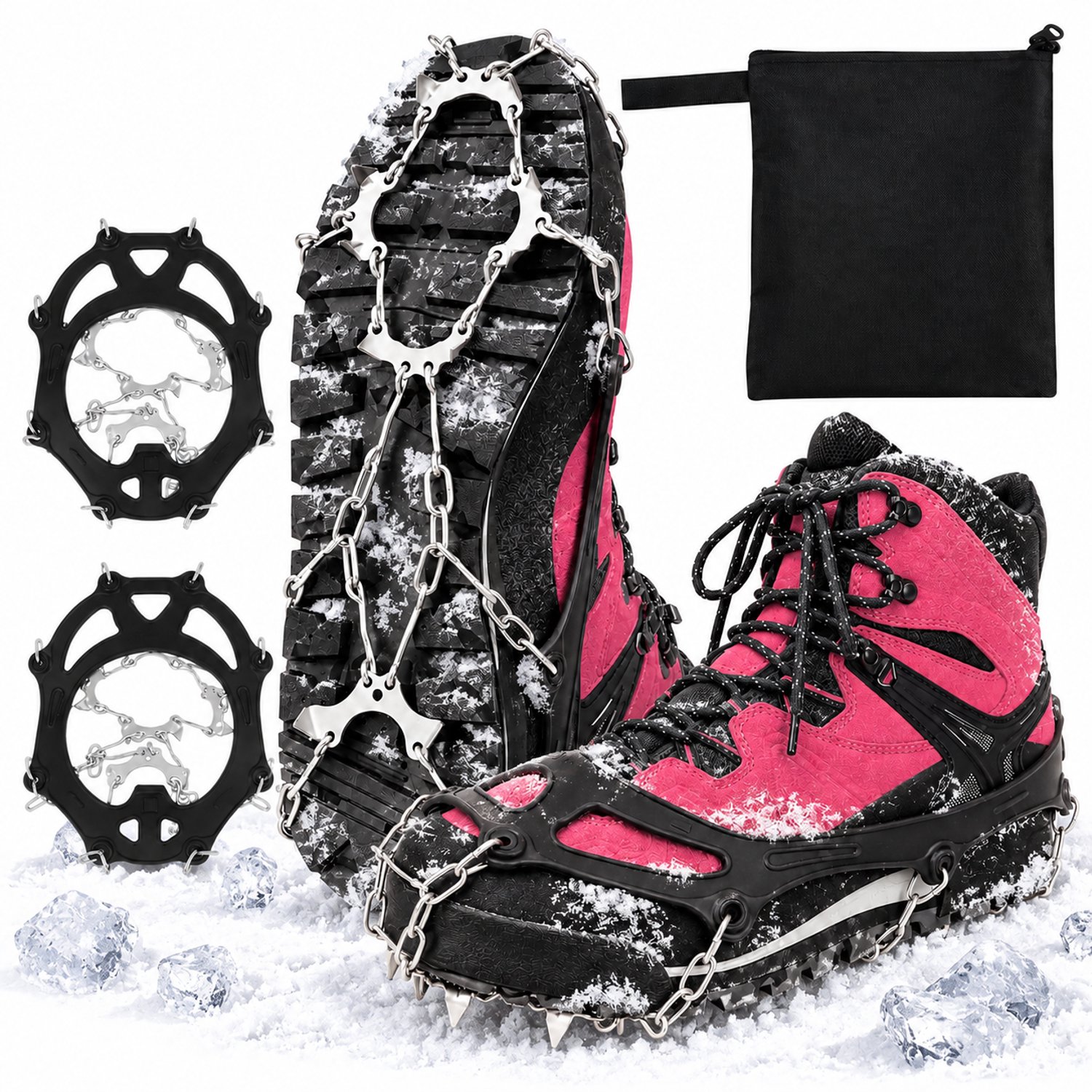 MOZY® Sneeuwspikes met Opbergzakje tot 44 – met 10 Spikes per Schoen Sneeuwgripzolen Stijgijzers Crampons IJs Spikes Winter Hiken Sneeuwkettingen Wintersport Zwart