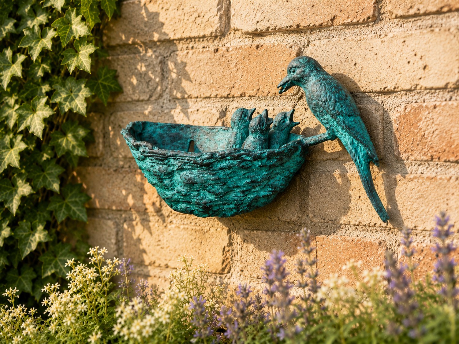 BRONZEN MUURDECORATIE / ZWALUW VOERT JONGEN / VOGEL / NEST / BRONS