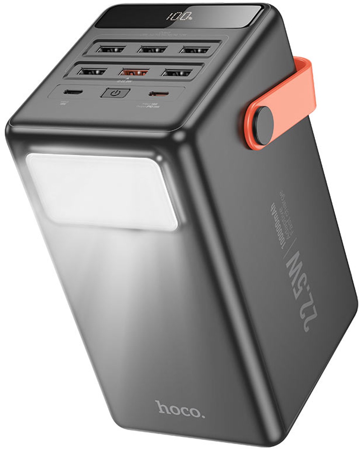 Hoco Powerbank 100000 mAh - Zwart - Zeer Grote Capaciteit - met LED-lamp en Siliconen Handvat - Digitaal LED Display - 7 Uitgangen - Snelladen