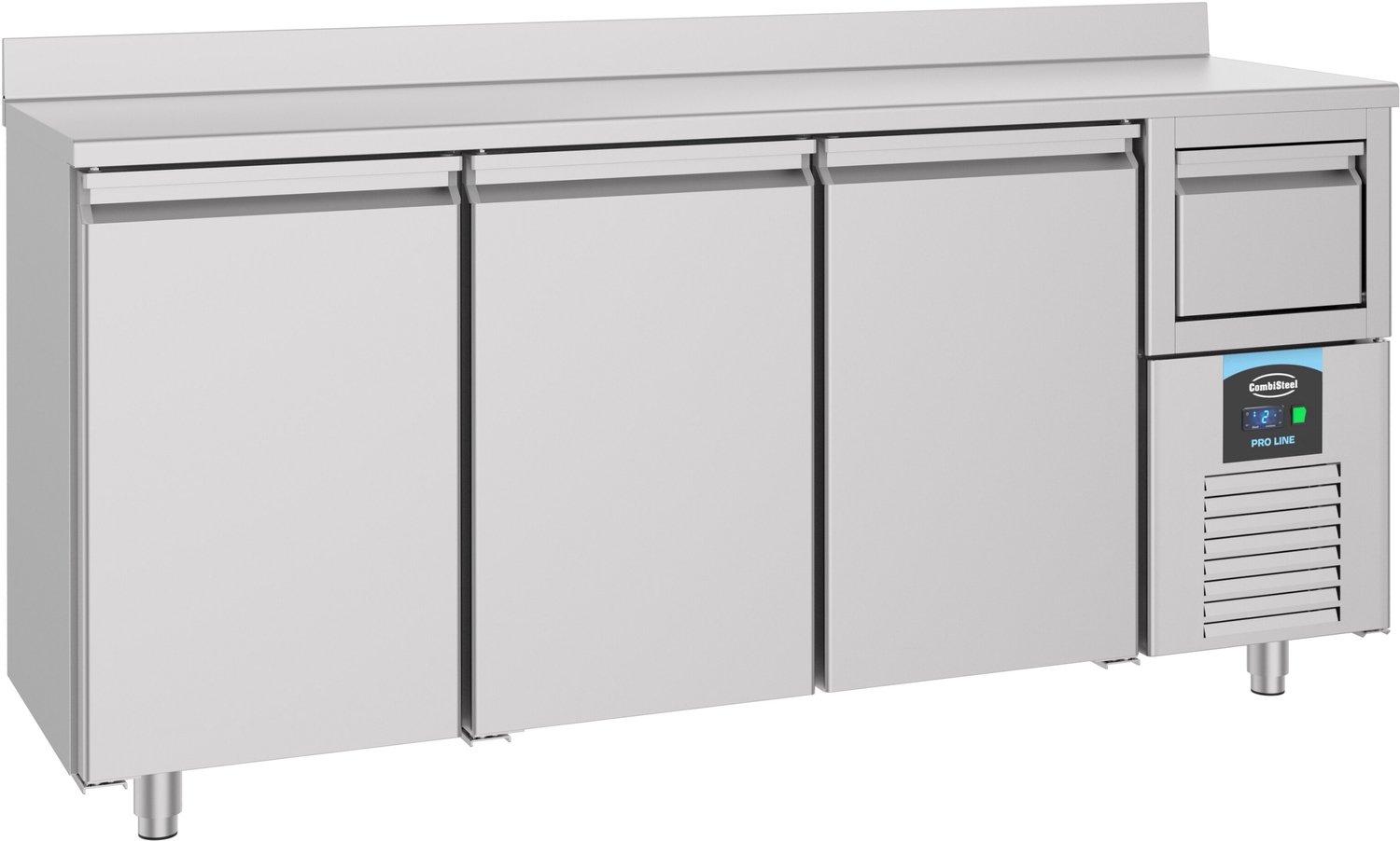 Combisteel Koelwerkbank - 632L - 3 Deuren + Afkloplade-2°C/+8°C - Geforceerd - Achter Rand - 2135x600x1050/1150mm Grijs