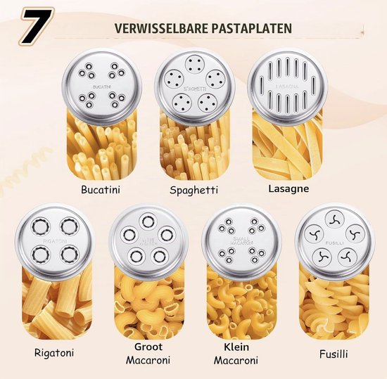 Pastamachine Opzetstuk Geschikt voor KitchenAid - 7-in-1 Pasta Maker Set - Inclusief 7 Wisselbare Pastaplaten voor Fusilli, Spaghetti, Rigatoni, Bucatini, Fettuccine & Macaroni - RVS — afbeelding 4