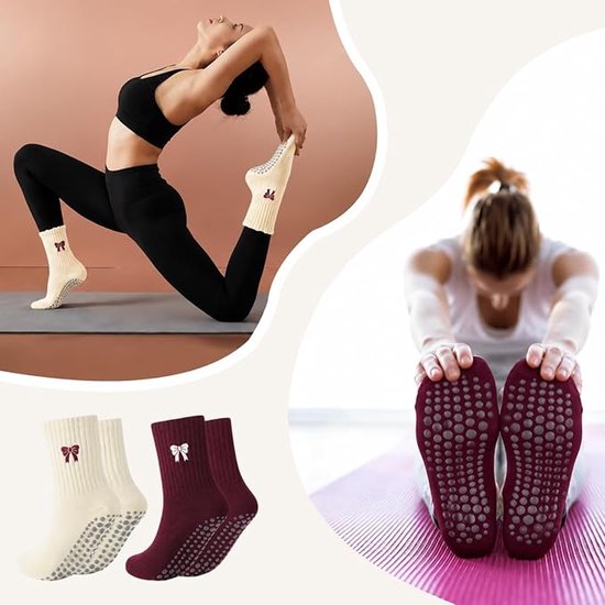 Pilates grip sokken - Yoga Sokken - voor dames - met strikjes - 2 Paar - Antislip - Zachte - Strikpatroon Sokken - voor Dans en Workouts - Wit en rood - eenheidsmaat — afbeelding 5