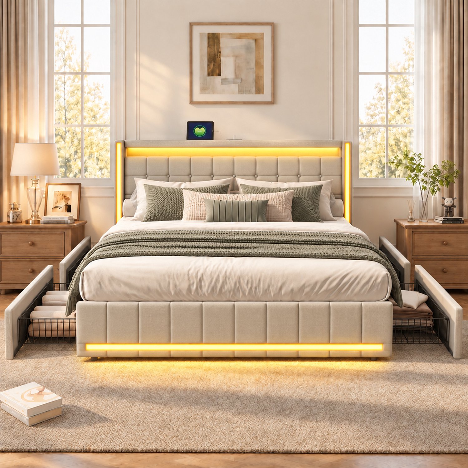 ROSAHQNDA Gestoffeerd bed 180 x 200 cm, tweepersoonsbed met ledverlichting, 4 lades en lattenbodem, hoofdbord met opbergruimte en USB-aansluiting, multifunctioneel bed, bed met opbergruimte, tienerbed, rugleuning, bedframe, linnenlook, beige, zonder matras