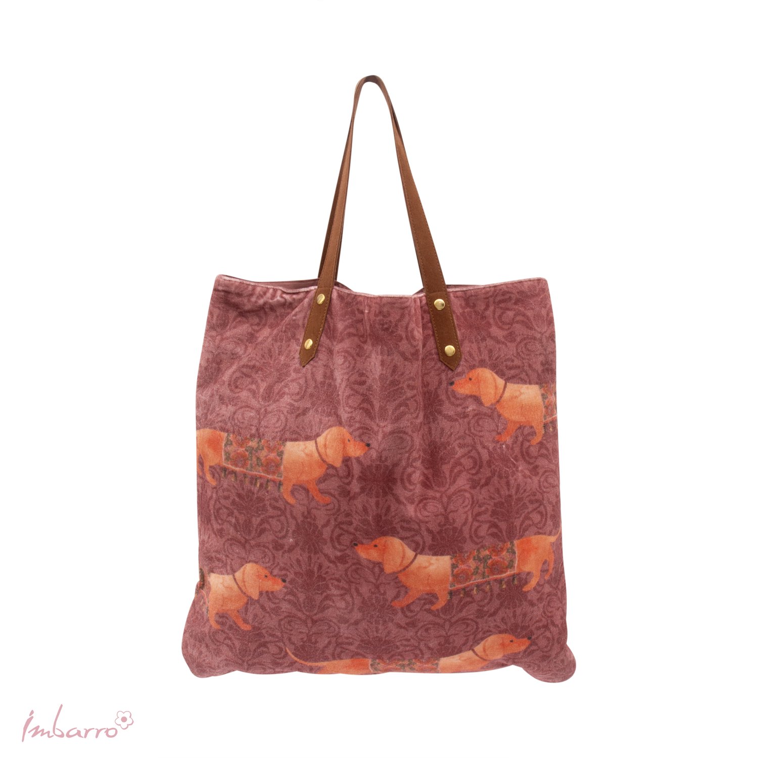Imbarro Home & Fashion - Shopper - Tas - Teckel - Print Dash - Oranje, Roze - 100% Katoen Velvet - leren hengsels - 50 x 50 cm