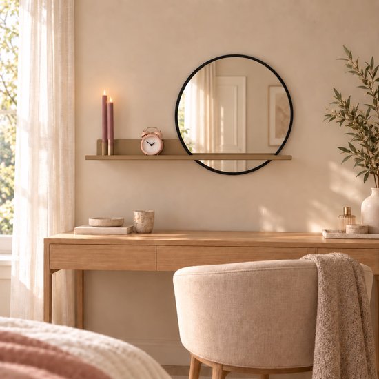Beige wandplank met ronde zwarte spiegel, twee paarse kaarsen en een roze wekker boven een houten bureau.