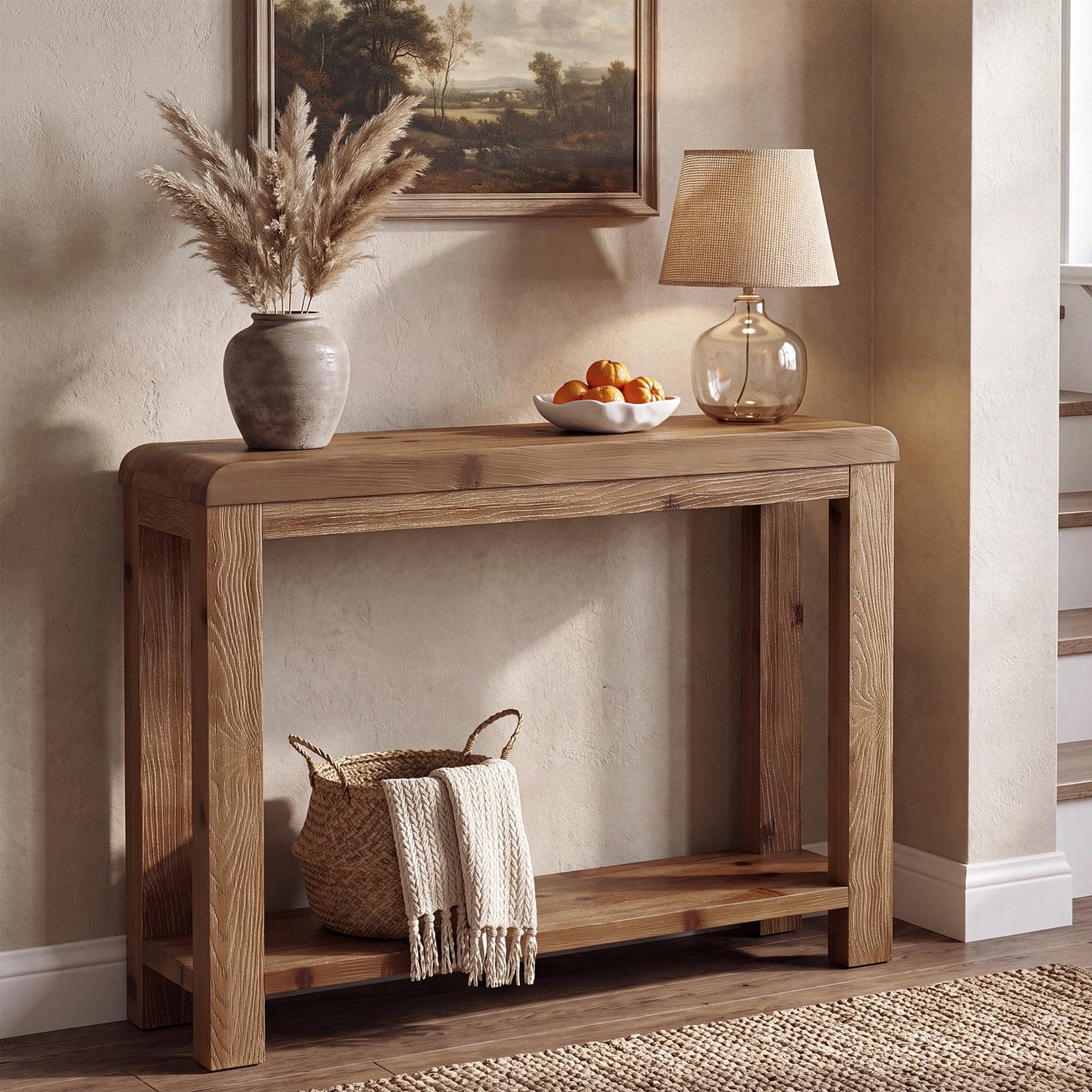 LITTLE TREE Landelijke Banktafel 105cm - Massief hout - Console tafel met Opbergplanken - Bruin