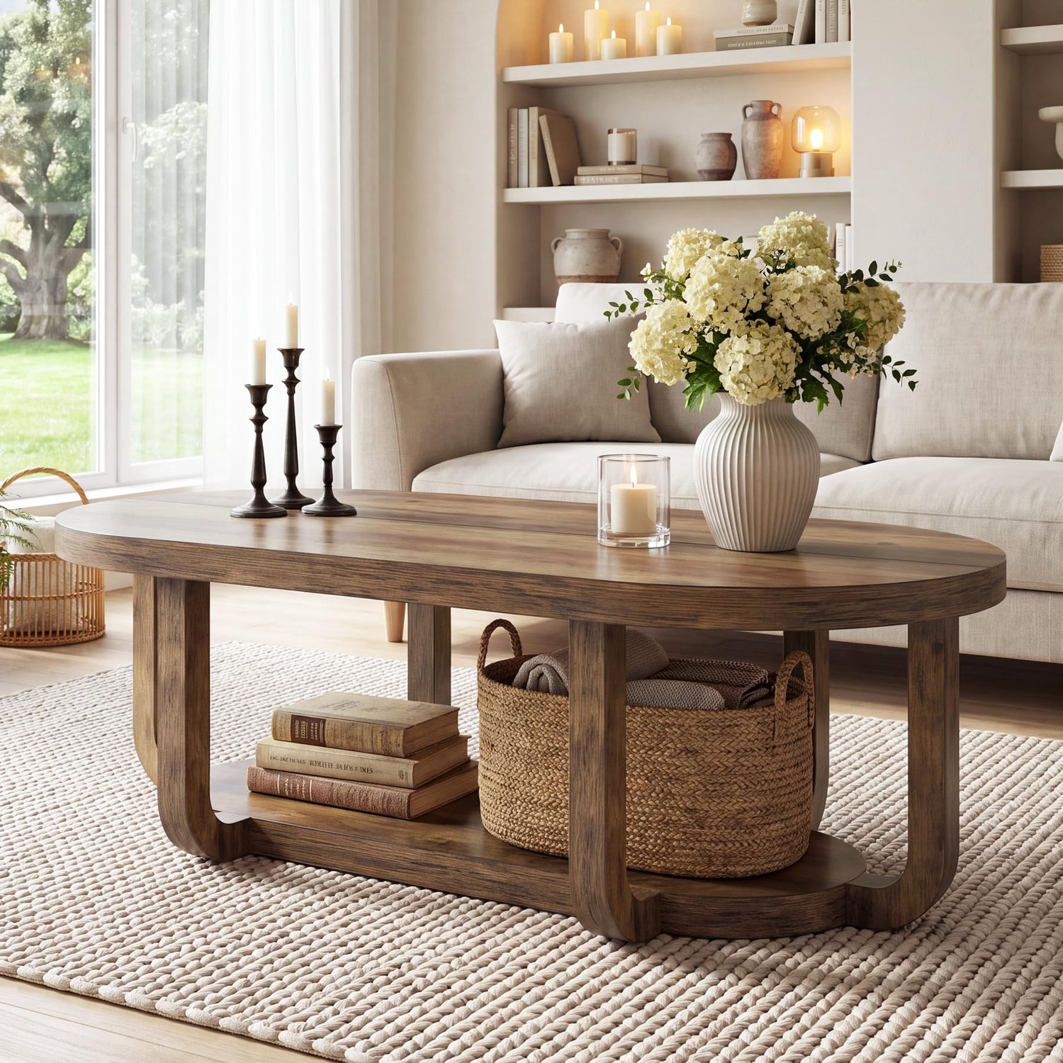 LITTLE TREE Ovale salontafel - 140 x 70 x 45 cm - 2 lagen opbergruimte - voor de woonkamer - Bruin