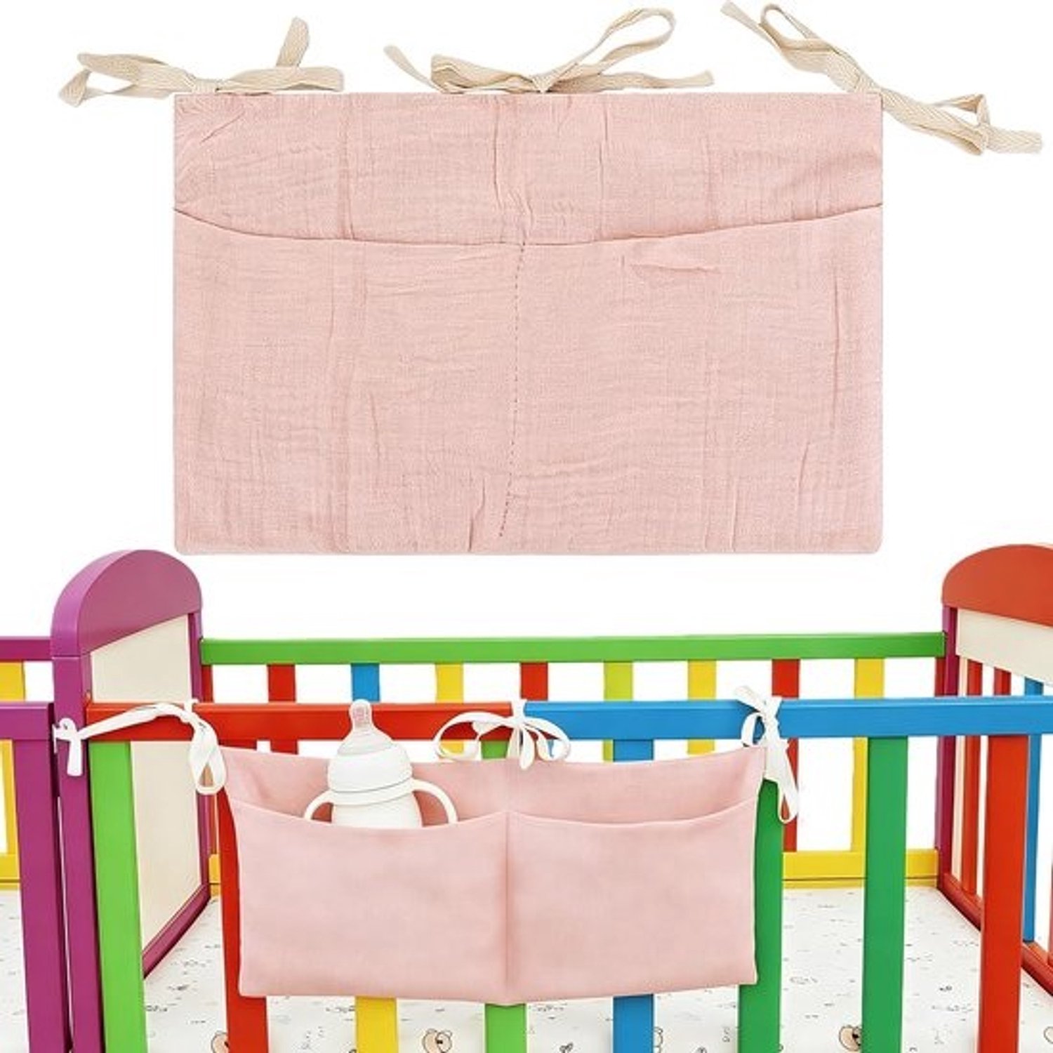 Babybedorganizer - Bedtas voor de babykamer - Babybenodigdheden opbergen - Ontwerp met dubbele zakken - 38 x 18 cm - Roze