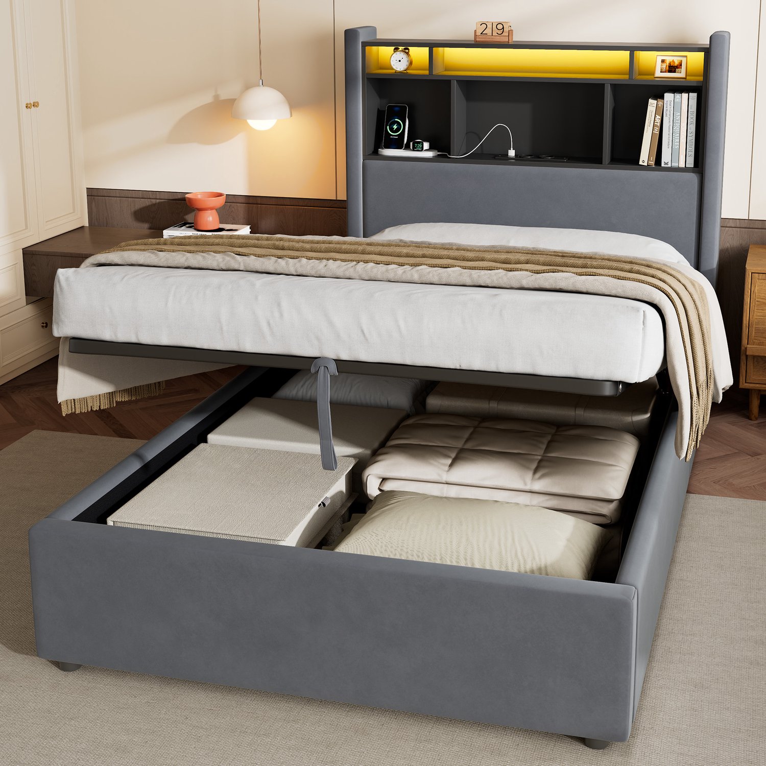 HAUSS SPOLE Gestoffeerd Bed 90x200cm - Eenpersoonsbed met Ledverlichting, Laadstation en Opbergruimte - Zonder Matras - voor Slaapkamer - Velours - Donkergrijs