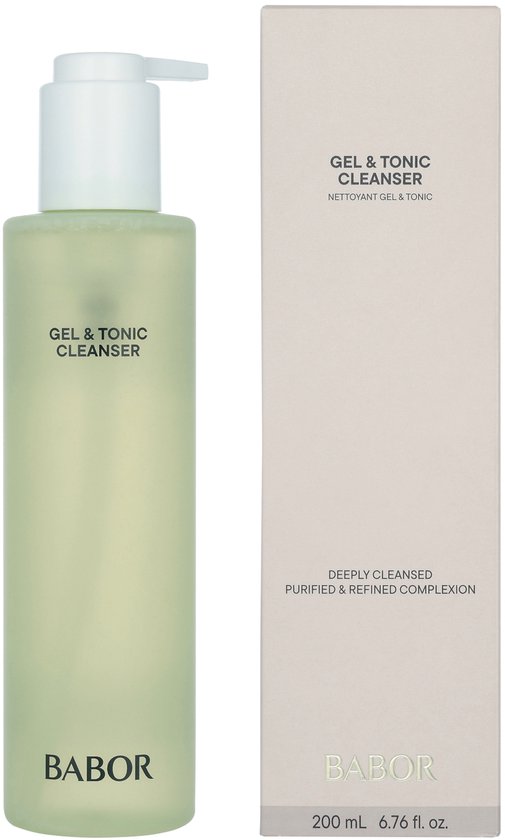 BABOR Gel & Tonic Cleanser fles naast de bijbehorende beige verpakking, 200 ml.