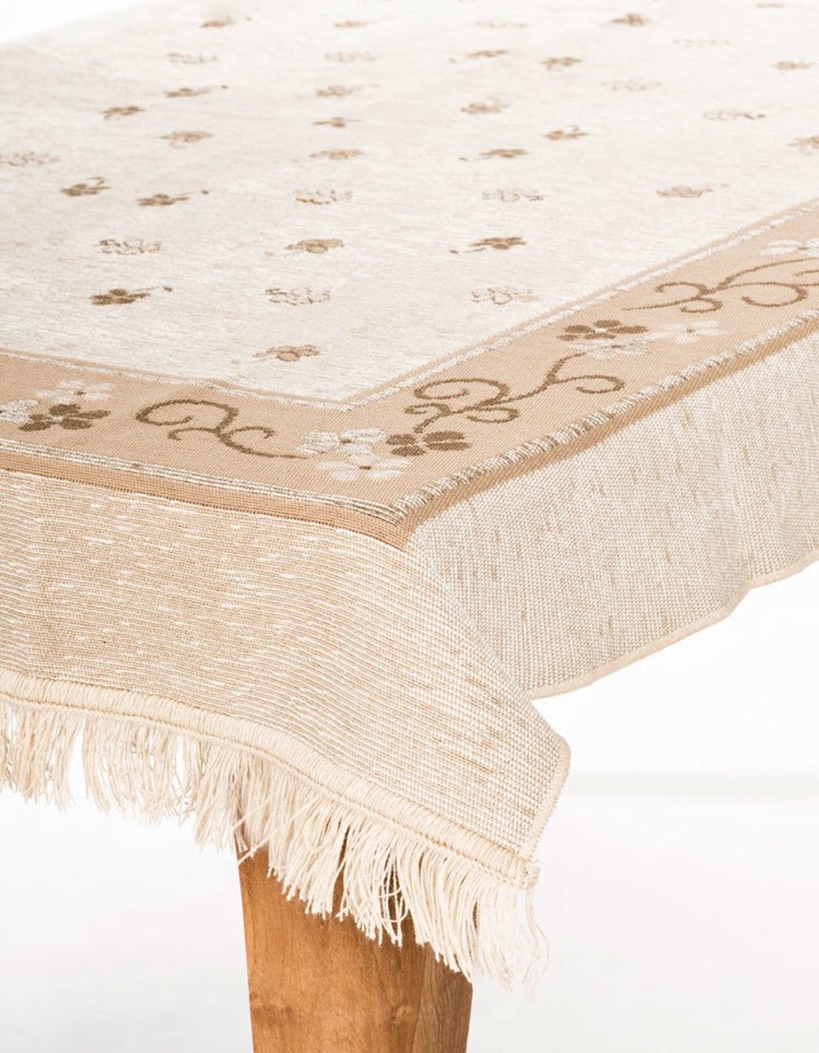 Handweef Tafelkleed Hortensia 2 - 125 x 125 cm - bloemen - beige - bruin - chenille afgewerkt met franjes