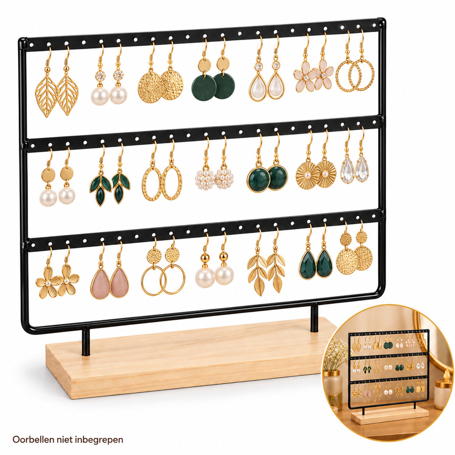 DIVERZA Oorbellenrek – 3 Rijen – Oorbellenhouder met Houten Voet – Sieradenrek voor Oorbellen – 29 × 24 cm – Zwart/Naturel