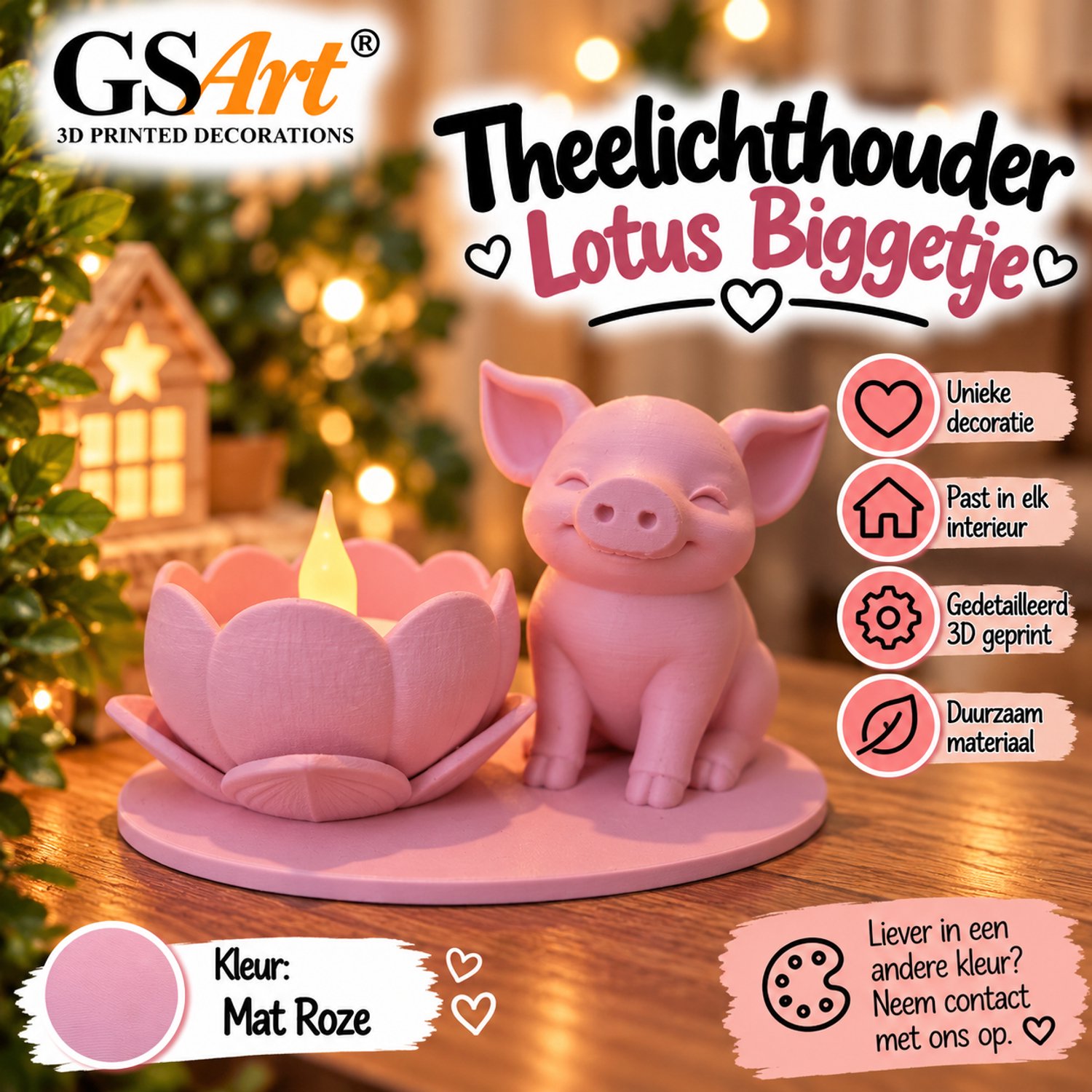GSArt Theelichthouder Lotus Biggetje – Inclusief LED Theelichtje – 3D Geprint - Mat Roze