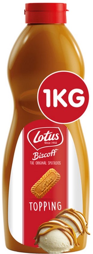 Fles Lotus Biscoff speculoos topping van 1kg met afbeelding van een speculoosje en ijs met saus.
