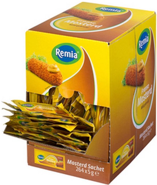 Remia Franse Mosterd displaydoos met 264 sachets van 5g. Gele verpakking met afbeelding van een kroket met mosterd.