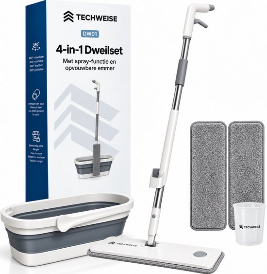 Techweise 4-in-1 dweilset met grijze opvouwbare emmer, spraymop, twee microvezeldoeken en maatbeker.
