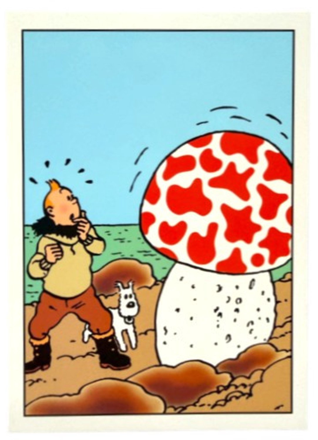 Kuifje en Bobbie bij de reuzenpaddenstoel – Dubbele Kuifje-postkaart – Tintinimaginatio – 12,5 × 17,5 cm