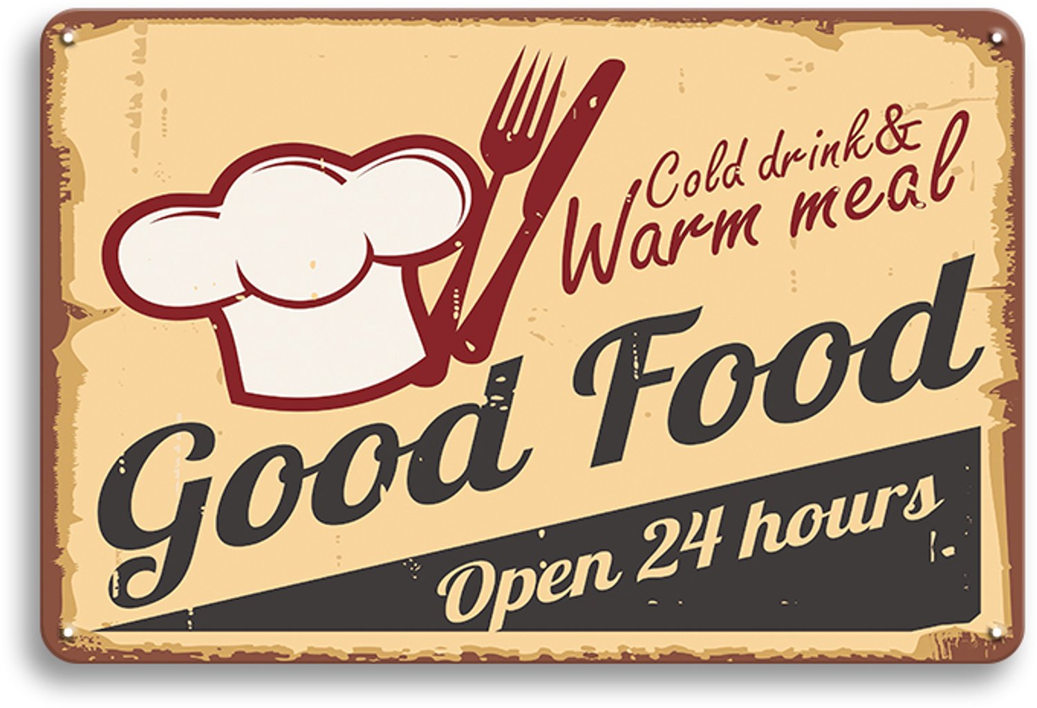 Good Food Open 24 Hours - Metalen Wandbord 20x30cm – Restaurant Keuken Tekstbord – Diner Café Decoratie – Vintage Retro Wanddecoratie