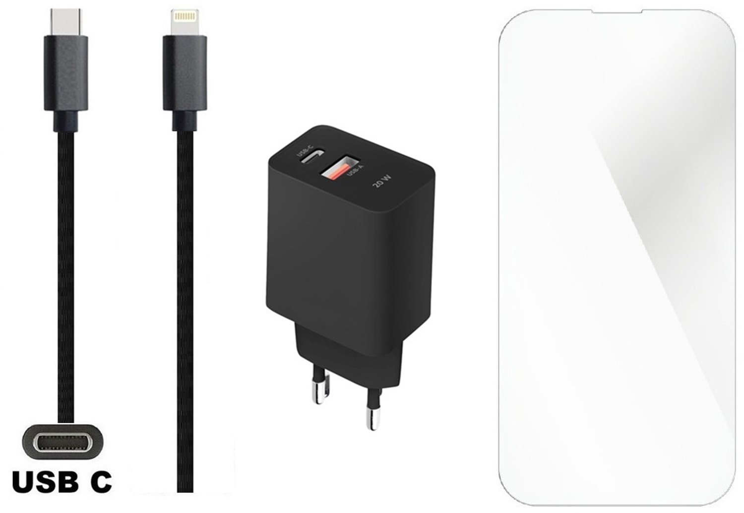 OneOne 20W snellader met 2 poorten en screenprotector van glas voor iPhone 12 Pro Max + 1,0m USB C naar Lightning kabel. PD lader. Universele oplader adapter. Glazen screenprotector past op Apple iPhone 12 Pro Max