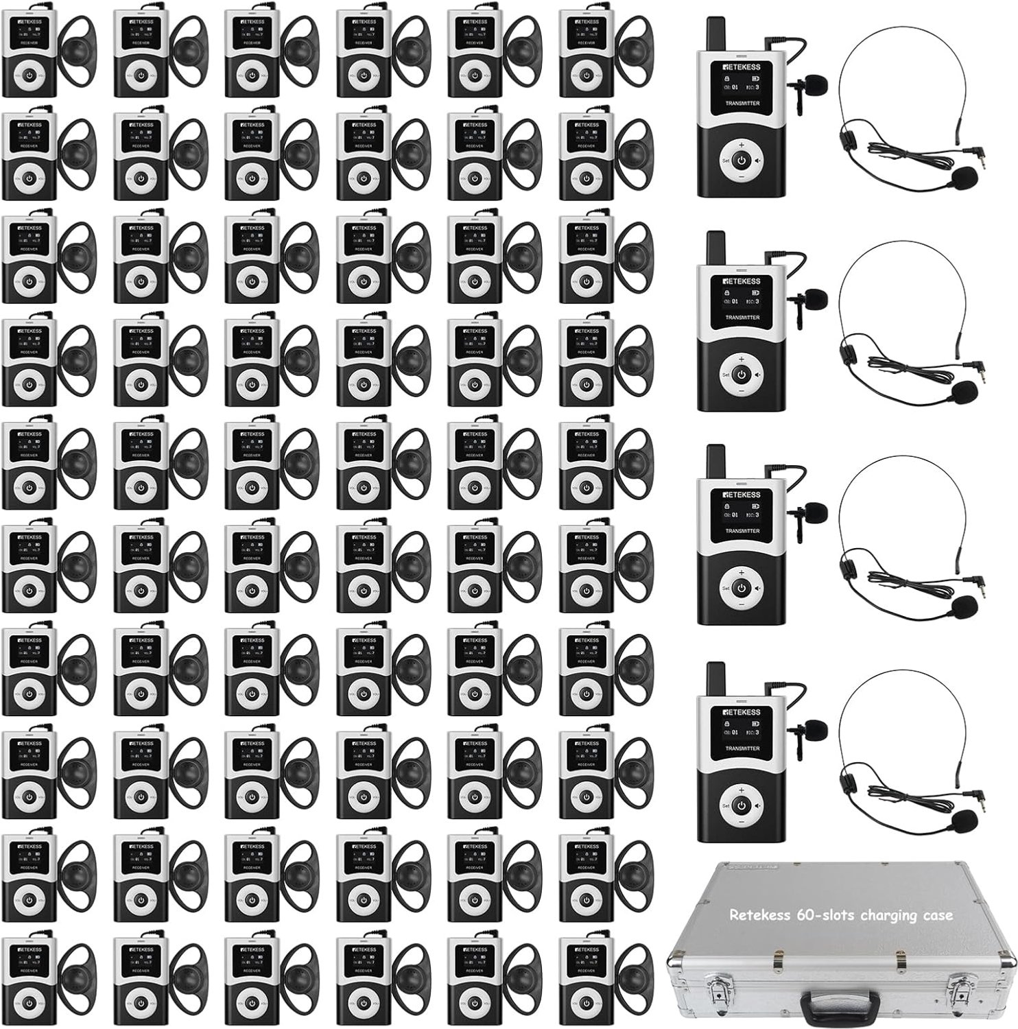 Retekess T130U (T130 4rd) Tour Guide-Systeem - U-band Audiogids voor het museum -met microfoon - Definition Eluidskwaliteit - 200m - Bediening Met één Oets - 4 zenders 60 ontvangers