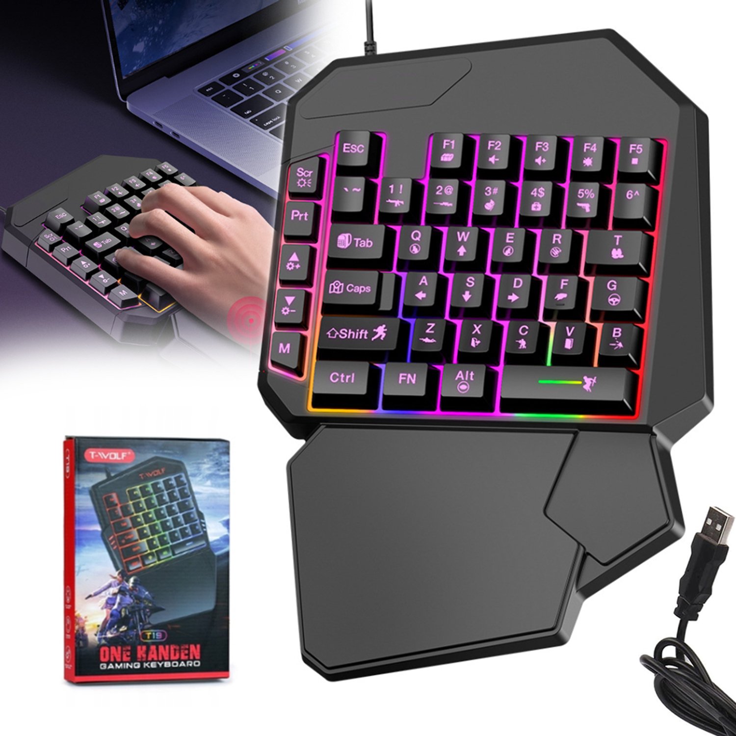 Gamingtoetsenbord - T19 toetsenbord voor één hand - met LED-achtergrondverlichting en numeriek toetsenblok - Zwart