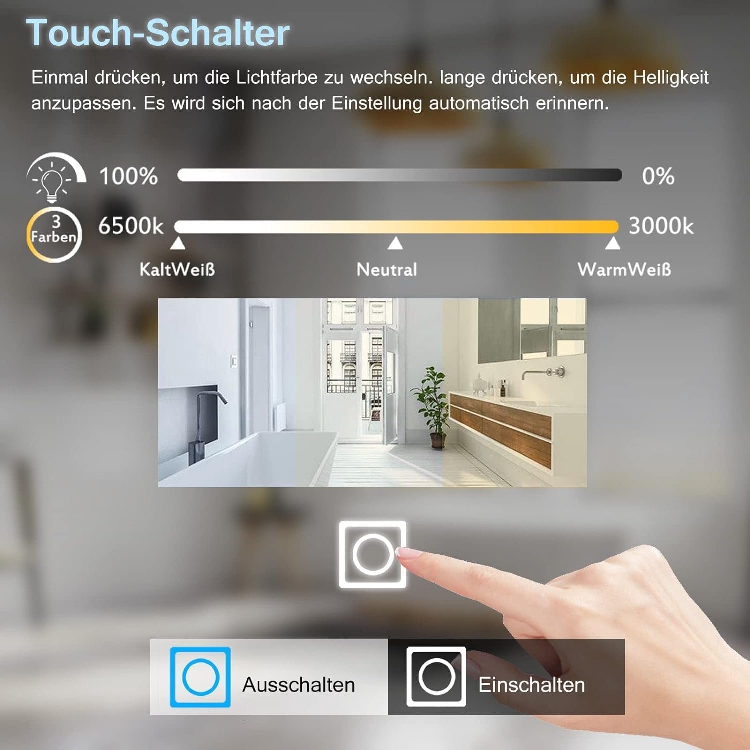 LED Badkamerspiegel 80 x 60 cm met Verlichting, Anti-condens, 3 Lichtkleuren en Touchbediening