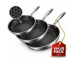 Koekenpannenset 3delig Ø 20, 24, 28 cm - PFAS Vrij & PTFE Vrij - RVS Honingraat - Inductie, Elektrisch, Keramisch & Gas - Hexagon Anti Aanbak Pan Krasvrij - Koudgrepen - Oven tot 280°C - Duurzame Keramische Coating - Keukengerei - Koken - Löwenthal