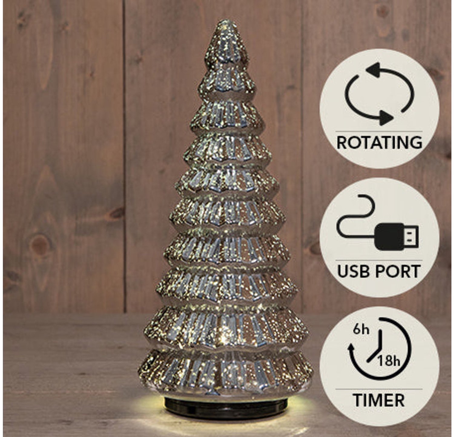 Luxe Glazen LED Kerstboom – 30 cm – Roterend (Draaiend) – Metallic Antraciet – 20 LED Warm Wit – Met Timer en USB/Batterij – Anna's Collection Decoratieboom